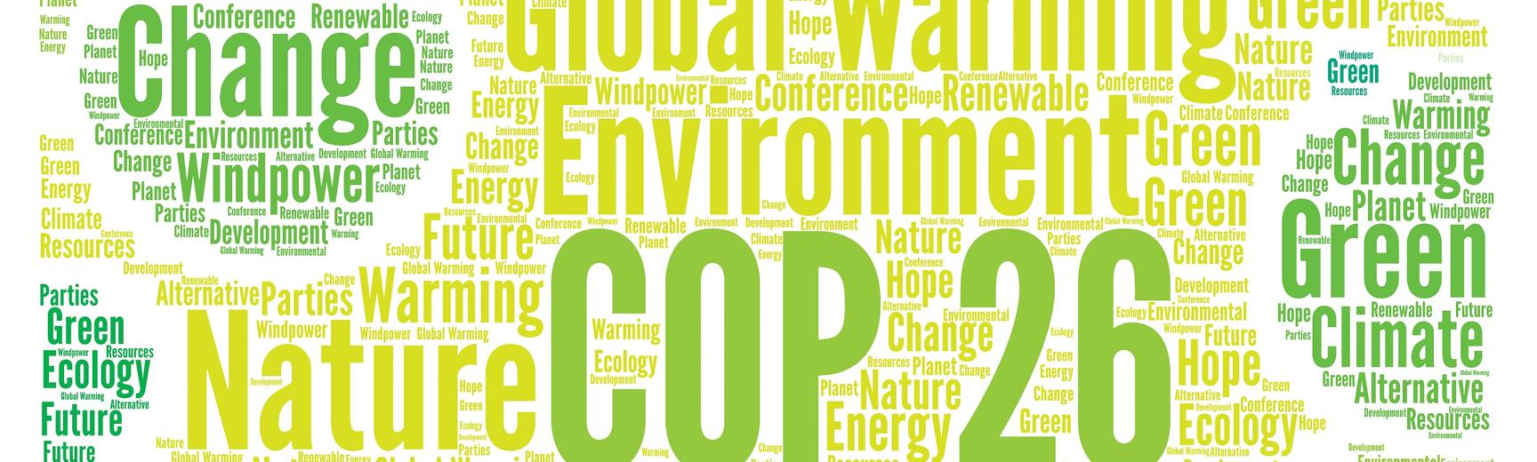 Word cloud in shades of green with 'COP26' in centre surrounded by words such as 'conference', 'change', 'global warming', 'nature', 'environment', 'Glasgow'