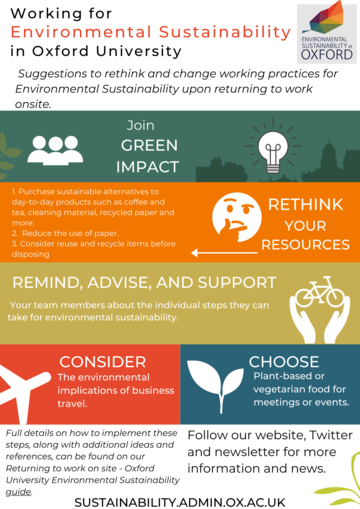 Infographic detailing suggestions for ways to rethink and change working practices for Environmental Sustainability