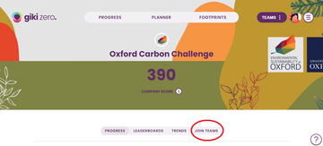 Print screen of Oxford Carbon Challenge home page with a mark on the Join Team button at the bottom menu.