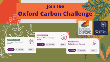 Join the Oxford Carbon Challenge. Suggested steps to take for each “I’ll try” button and “I do this”: turn your thermostat down, only boil the water you need, take shorter showers.