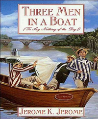 Front cover of book Three Men in a Boat by Jerome K. Jerome. Illustration of three men wearing straw hats standing in a small boat on a river.
