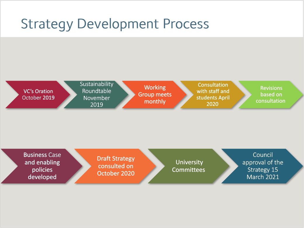 Flowchart demonstrating the 9-step strategy development process from VC's Oration October 2019 to Council approval of the Strategy 15 March 2021